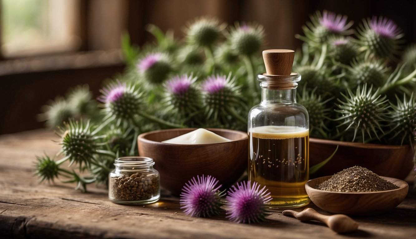 A glass bottle filled with milk thistle tincture, surrounded by various ingredients and a mortar and pestle on a wooden table