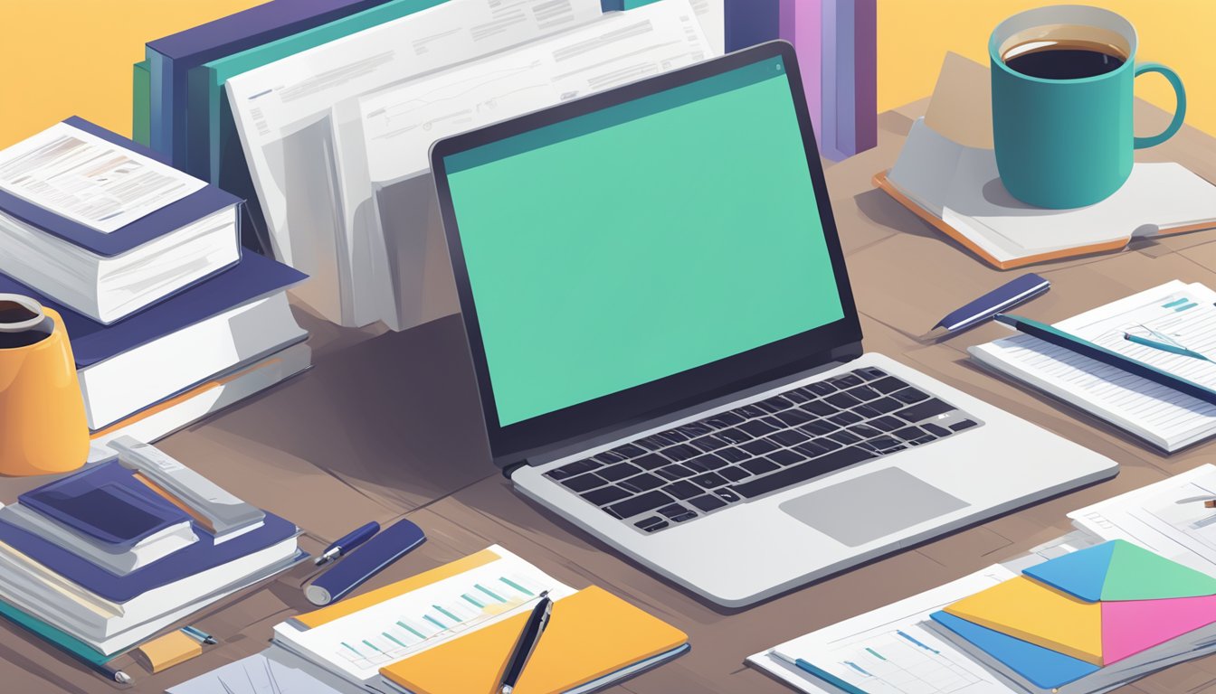 A table with a laptop, notepad, and pen surrounded by marketing research books and charts