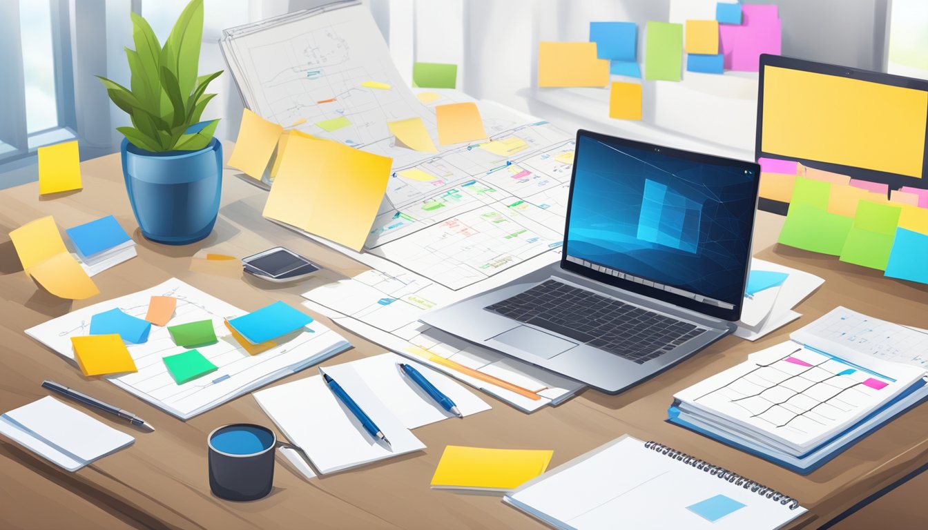 A table with a laptop, notebook, and pen. A graph showing budget and resources allocation. A calendar with marked deadlines. A brainstorming board with sticky notes and sketches