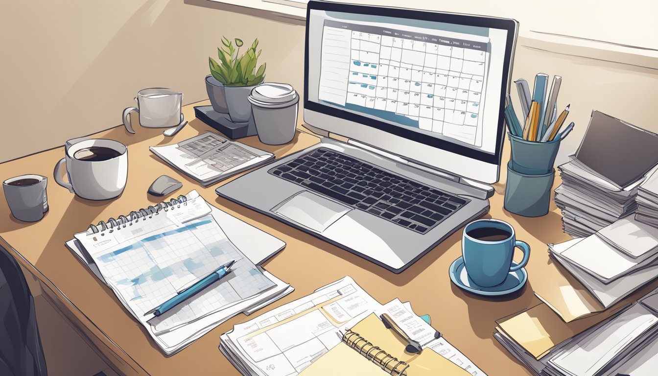 A cluttered desk with a computer, notebook, and coffee mug. A calendar on the wall and a stack of papers. Bright, natural lighting