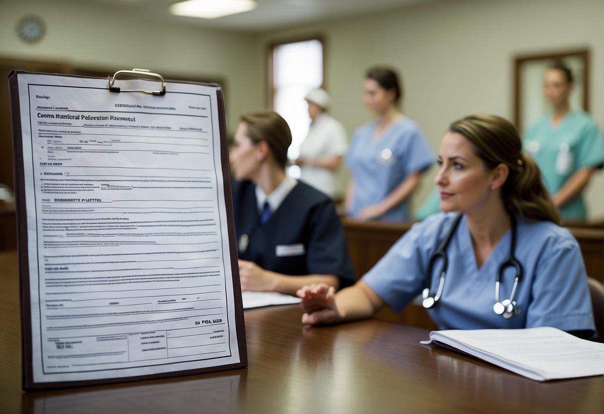 A nursing license and a mental illness in a courtroom setting with a judge, lawyer, and nurse. The nurse's license is being questioned due to their mental illness