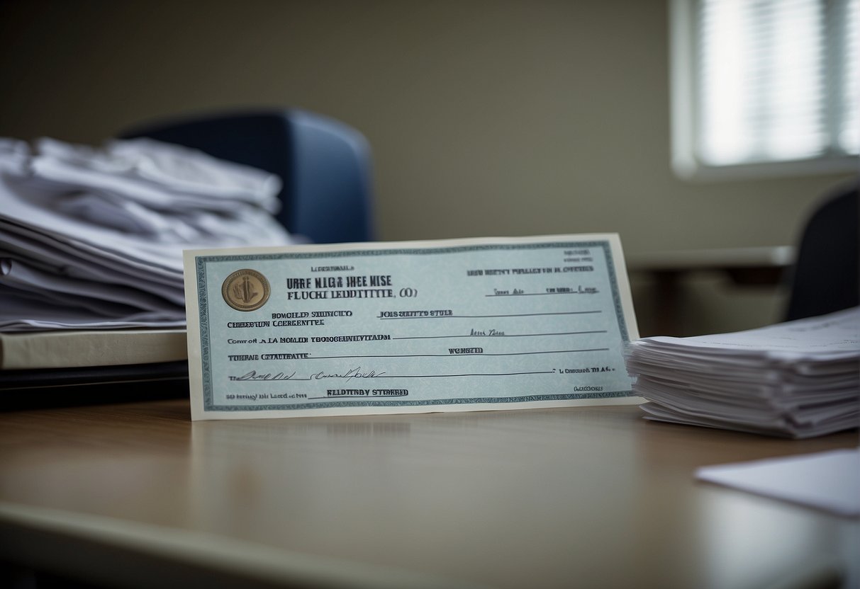 A nurse's license being revoked due to mental illness. Documents being shredded, a sad nurse leaving an office, and a revoked license certificate on the desk