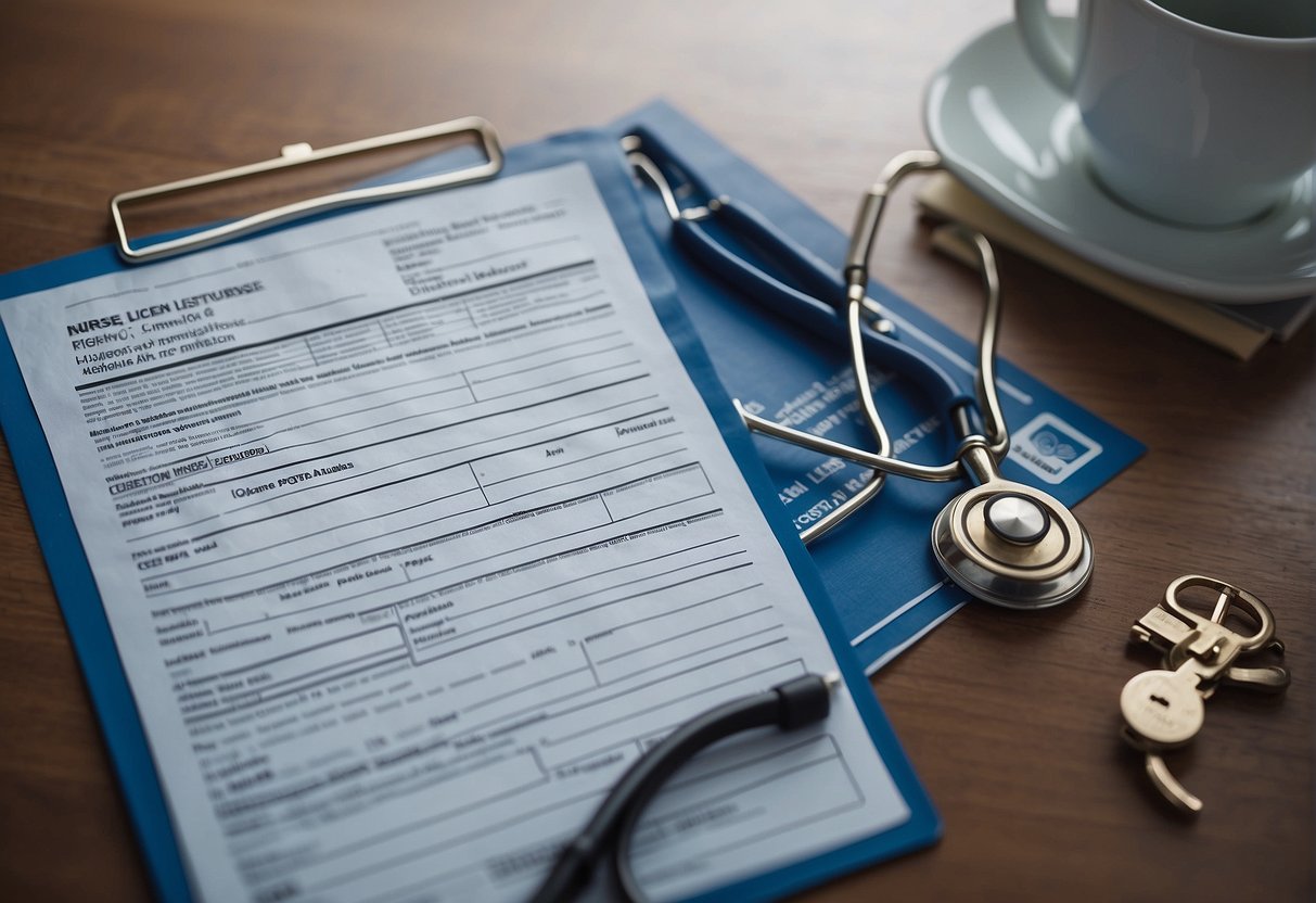 A nurse's license and a mental illness disclosure form on a desk