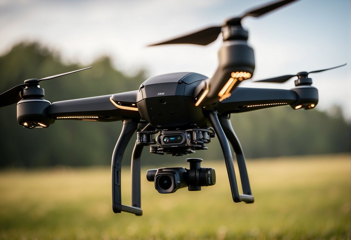 A drone hovers in the sky, its gimbal stabilizing the camera as it captures smooth, steady footage. The horizon stretches out in the background, showcasing the drone's capabilities