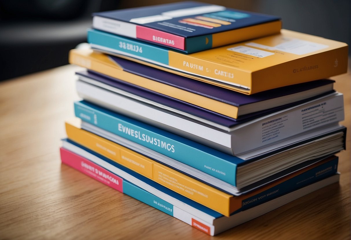 A stack of colorful business case studies with bold titles and eye-catching graphics, surrounded by innovative products and market-changing ideas