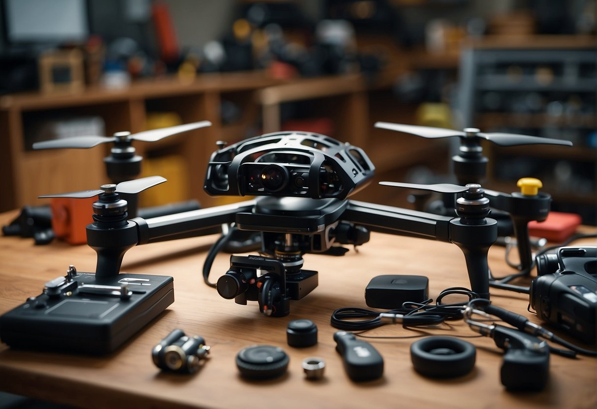 A hand reaches for a gimbal drone gimbal on a cluttered workbench, surrounded by various tools and electronic equipment