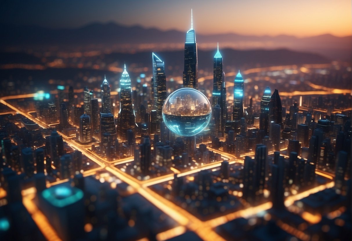 A futuristic cityscape with small tech innovations creating big changes. Bright lights and sleek designs showcase the impact of disruptive innovation