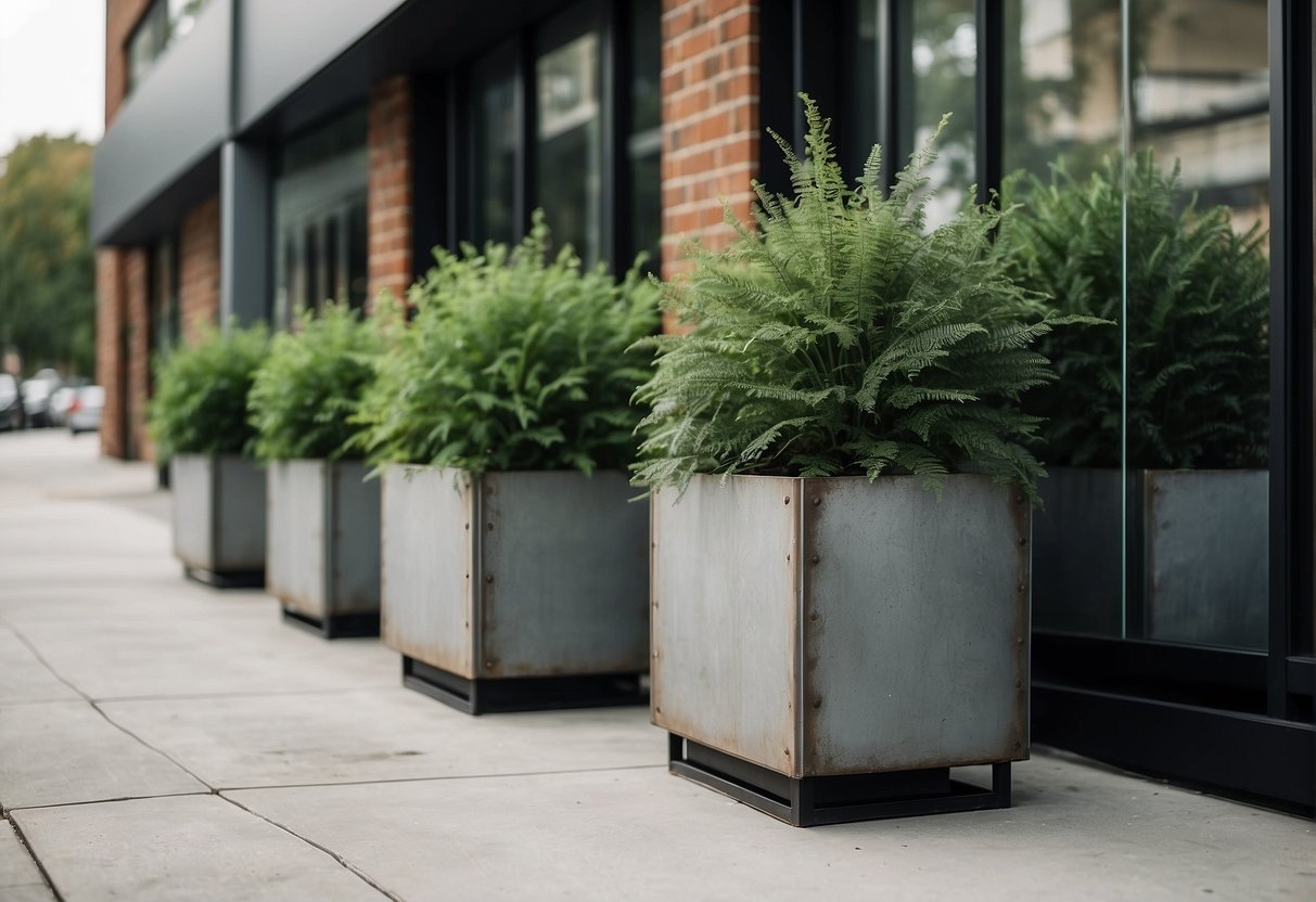A galvanized pot, iron planter, and metal planter boxes sit alongside extra large concrete planters for outside