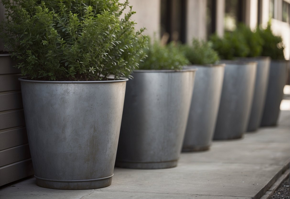 A galvanized pot, iron planter, and metal planter boxes sit next to extra large concrete planters outside