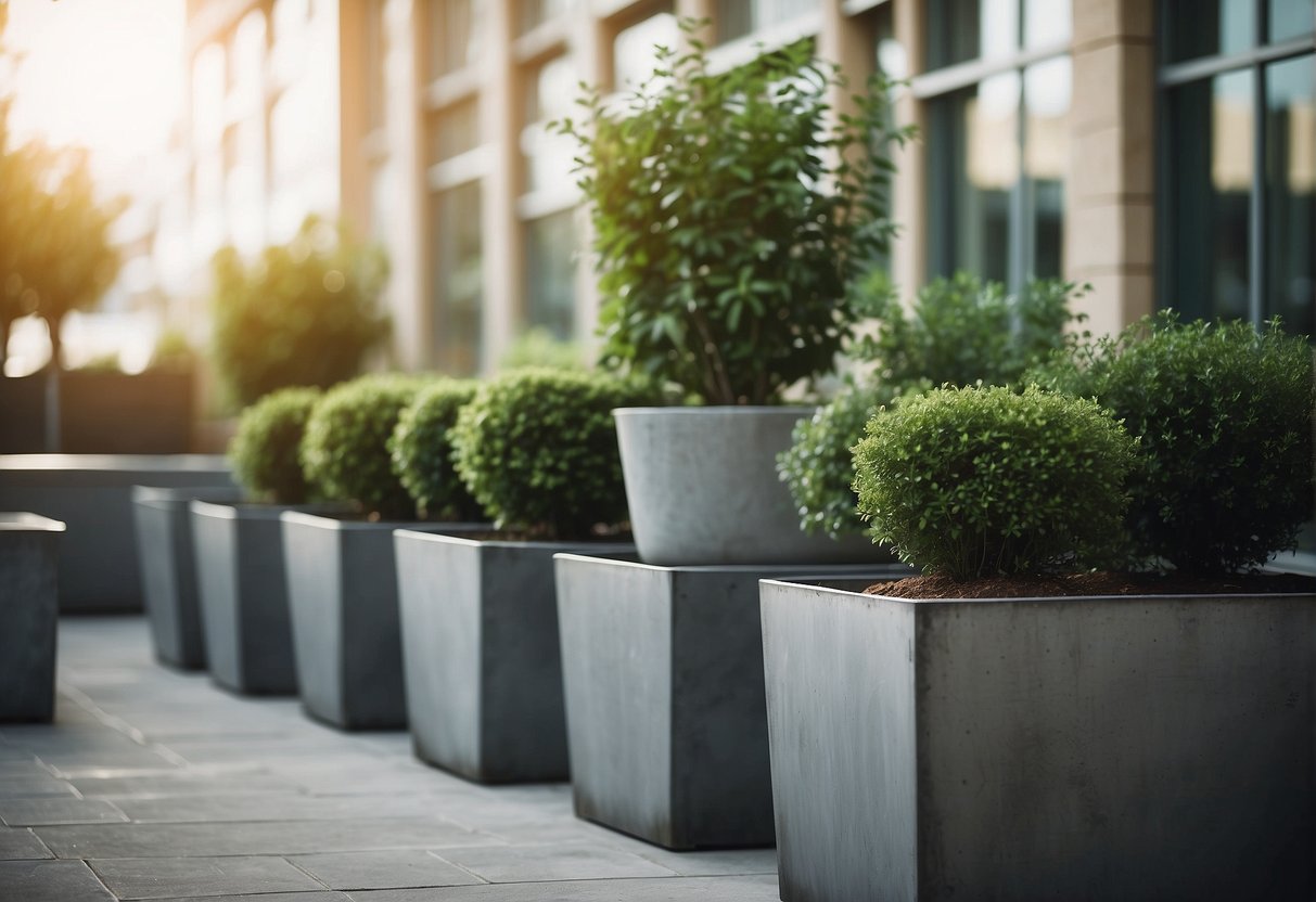 A galvanized iron planter sits among metal boxes and extra-large concrete planters outside