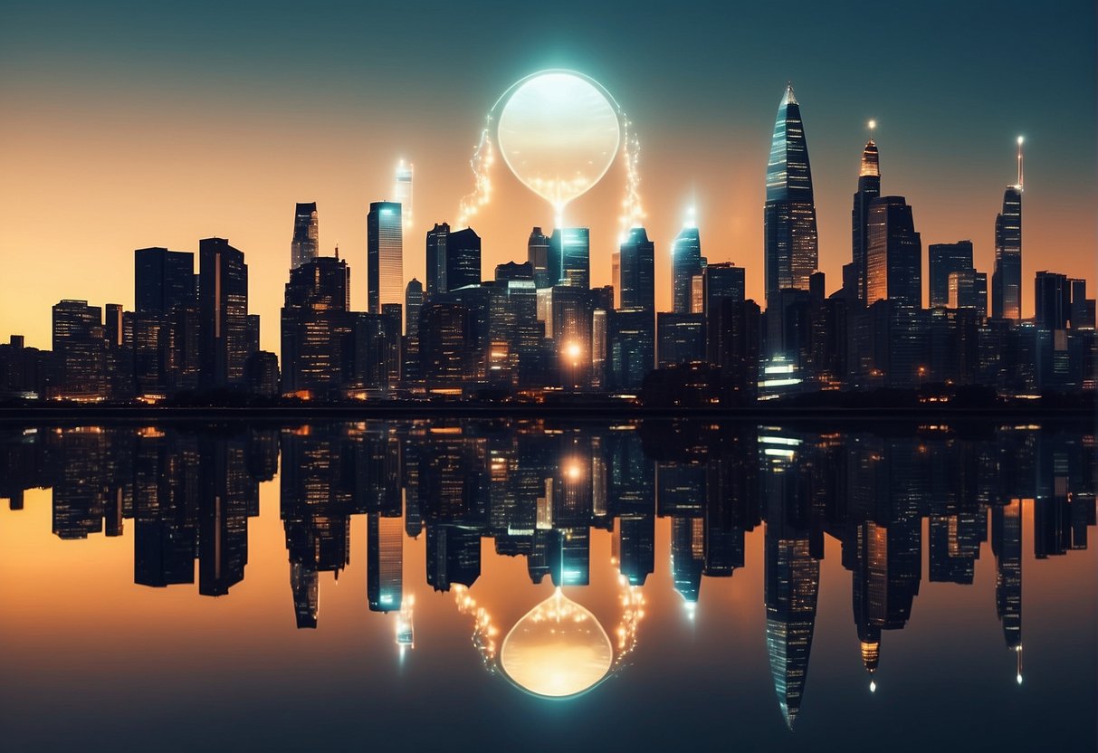 A futuristic city skyline with a glowing blog logo hovering above, representing the innovative ideas of Gustavo Caetano's blog shaping the future of business