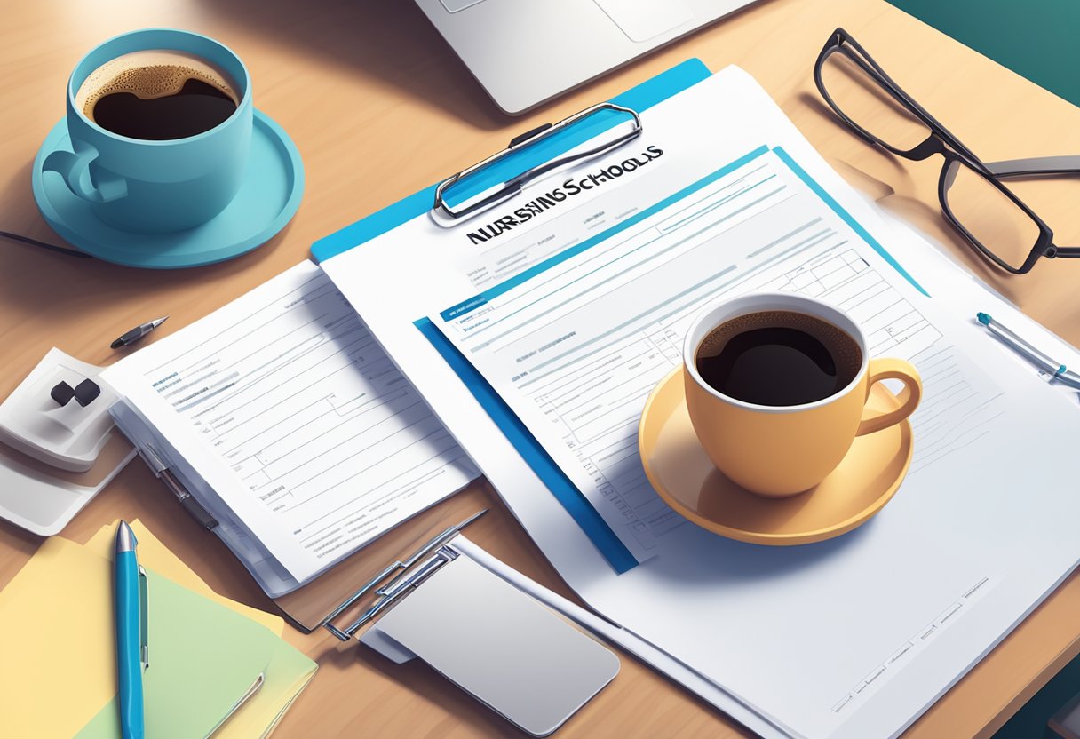 A stack of application forms for nursing schools, scattered on a desk with a laptop and a cup of coffee