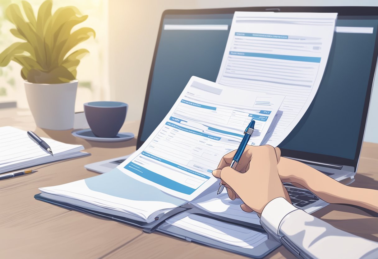 A stack of nursing school application forms with a pen ready to fill them out. A laptop open to a list of nursing schools