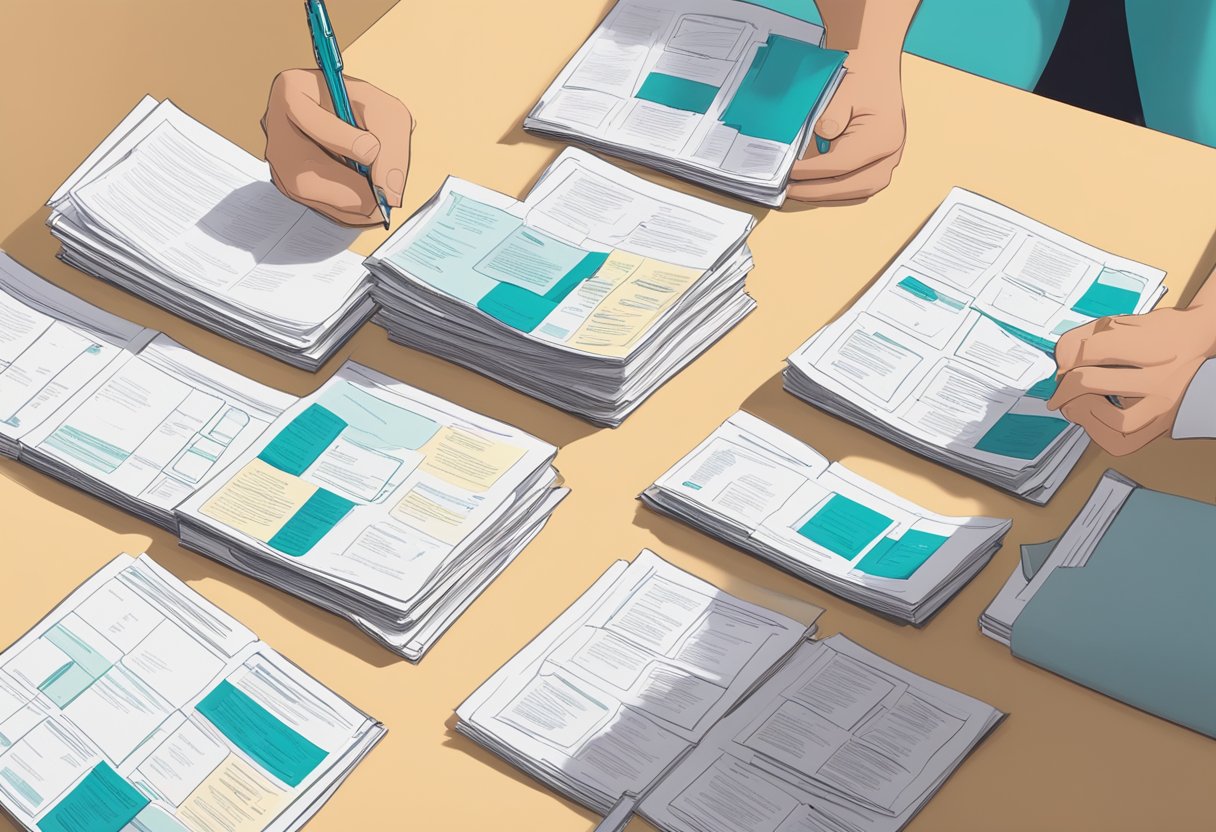 A stack of nursing school brochures spread out on a desk, with a person holding a pen and contemplating how many applications to submit