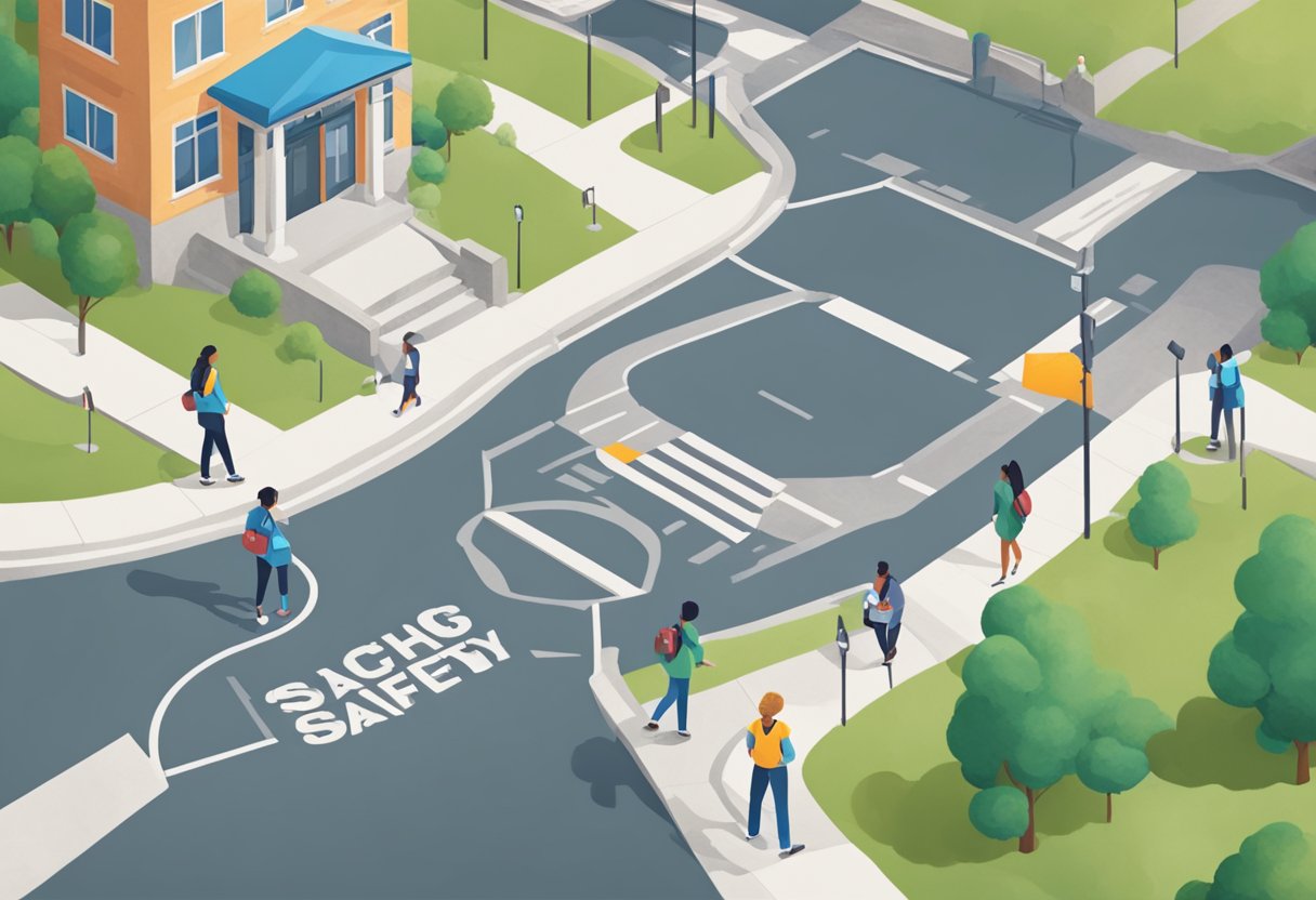 A student stands at a crossroads, weighing options of nursing schools. Three paths lead to different schools labeled Reach, Match, and Safety