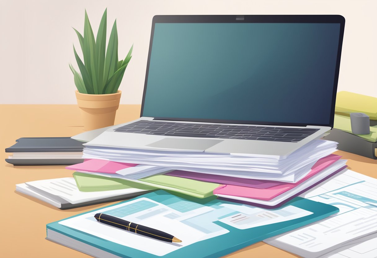 A table with a laptop, calculator, and financial aid documents. A stack of nursing school brochures and a notebook with application deadlines