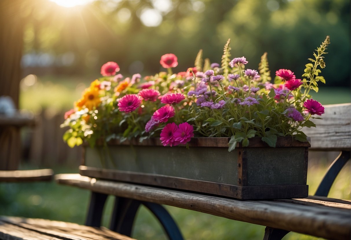 An iron planter sits on a weathered wooden bench, filled with vibrant flowers spilling over the edges. The afternoon sun casts a warm glow, creating interesting shadows on the textured surface