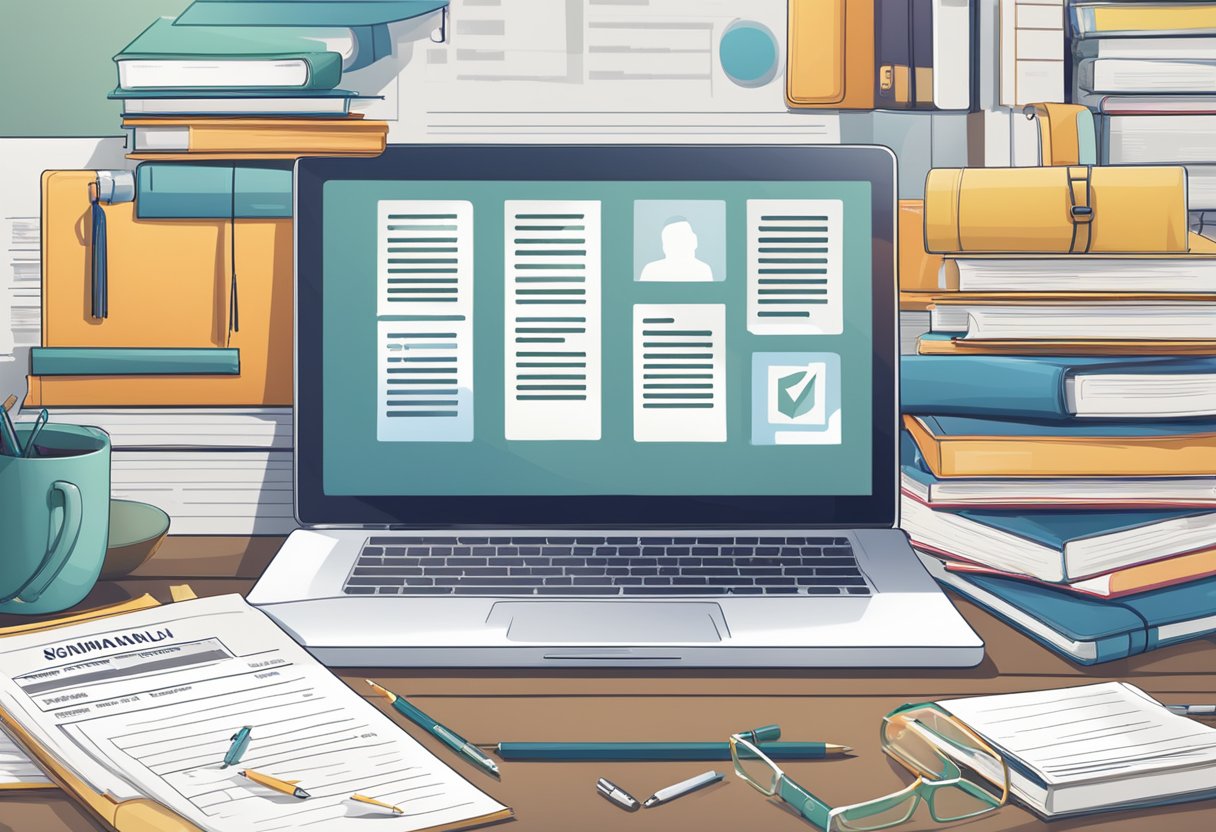 A stack of nursing school application forms with various logos and names, surrounded by a laptop, books, and a calendar with deadlines