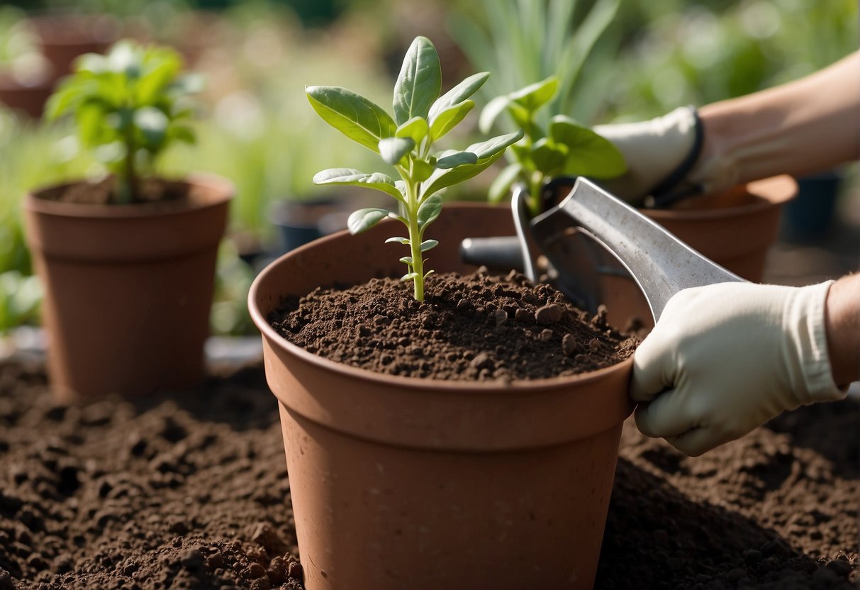 A gardener fills an iron planter with soil and carefully places a young plant into the center, ensuring it is secure and upright