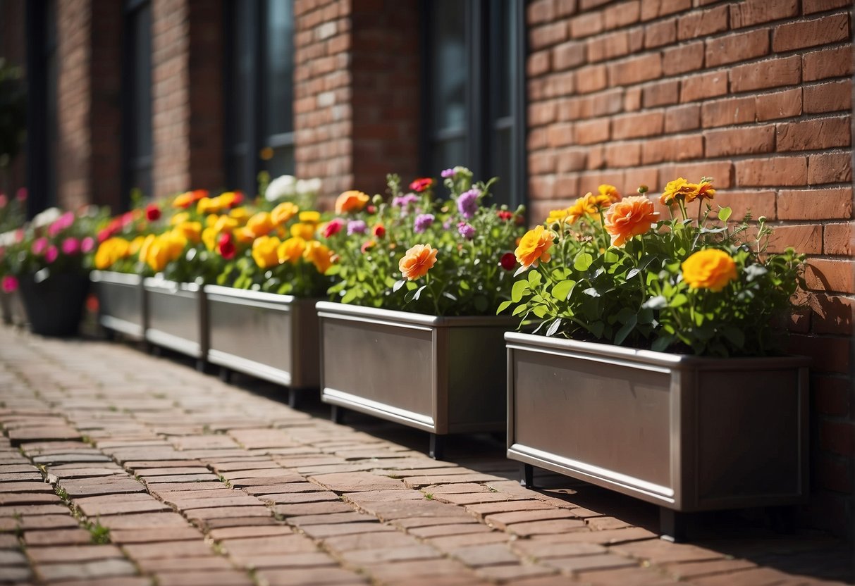 Metal planter boxes lined up against a brick wall, filled with vibrant flowers and greenery, basking in the sunlight