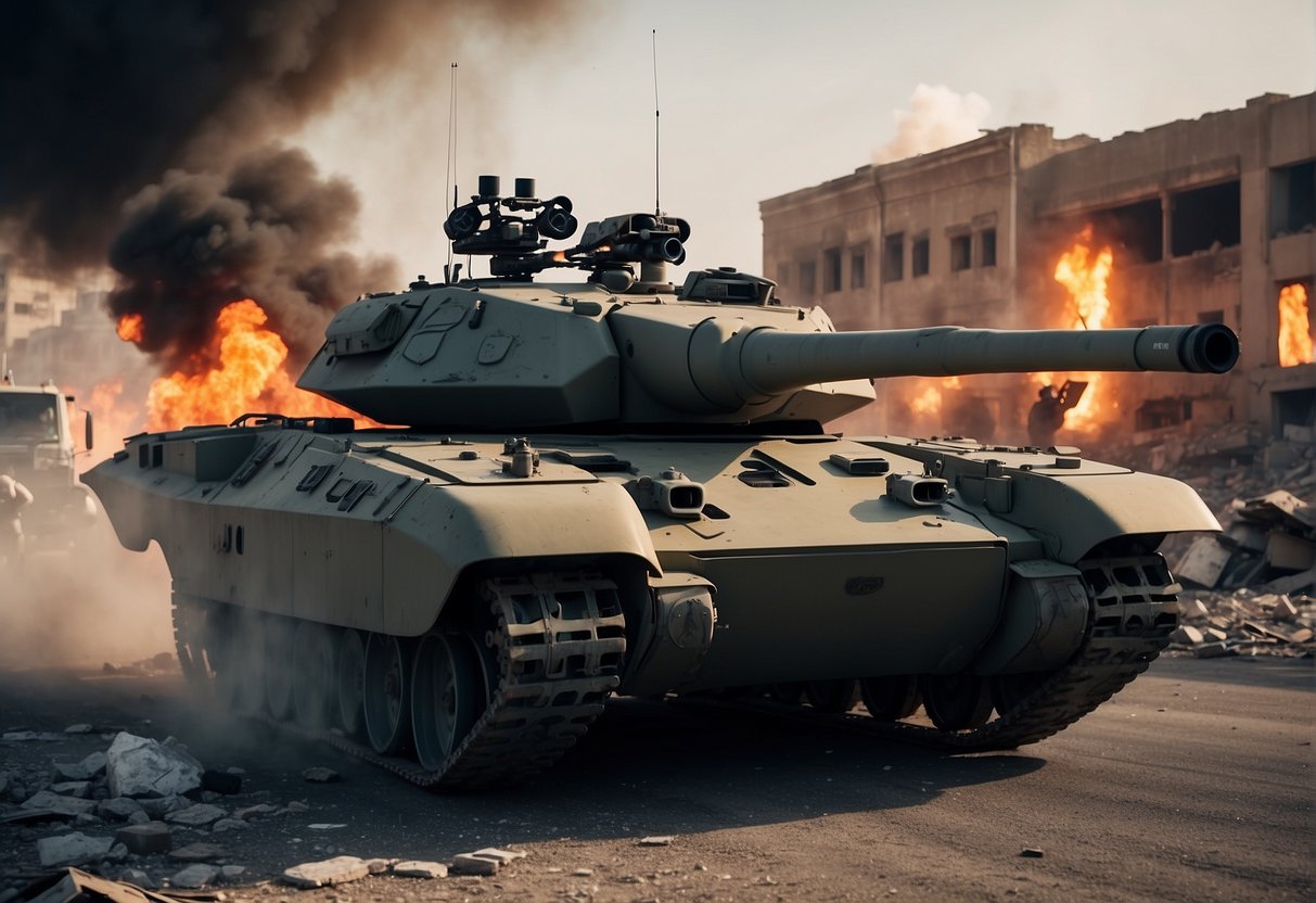 Drone tanks roll through a war-torn city, surrounded by rubble and destruction. The skyline is filled with smoke and flames, while the tanks move with precision and power