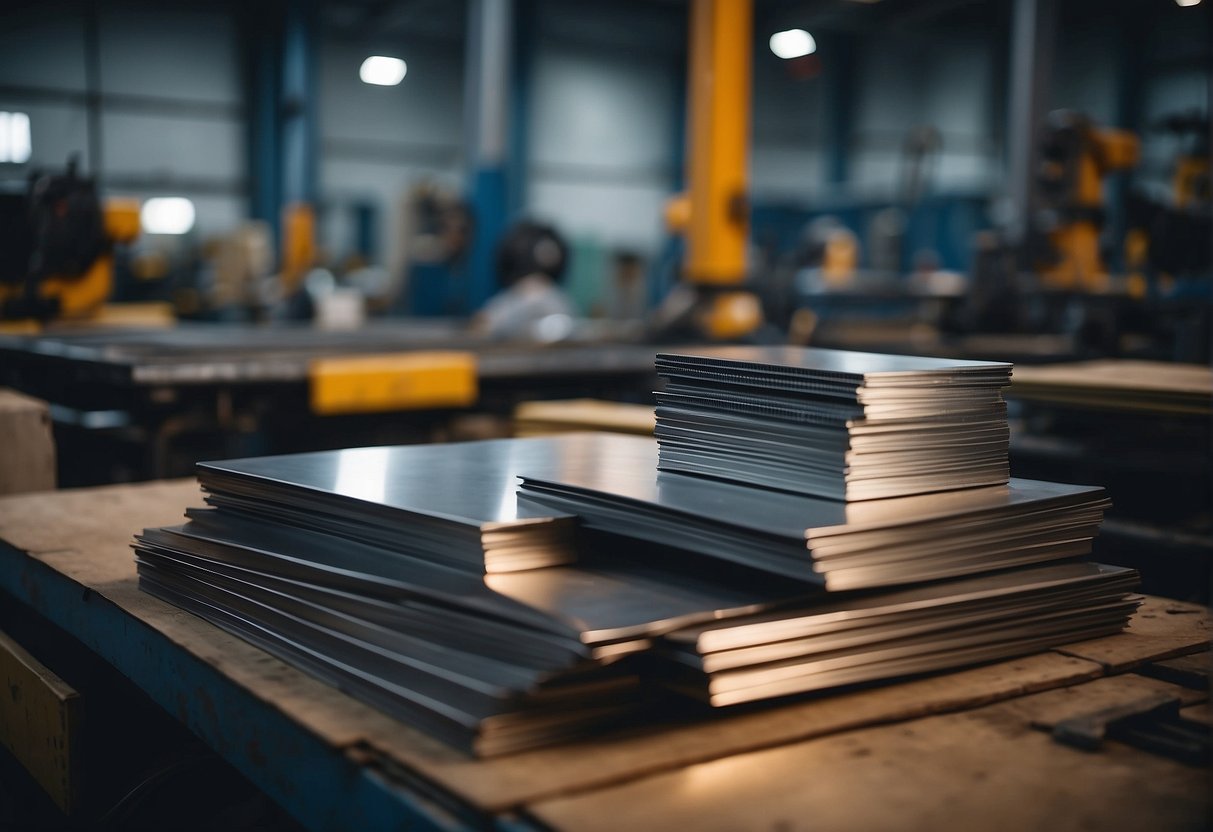 Various metal sheets (aluminum, steel, copper) stacked in a workshop, with tools and welding equipment nearby