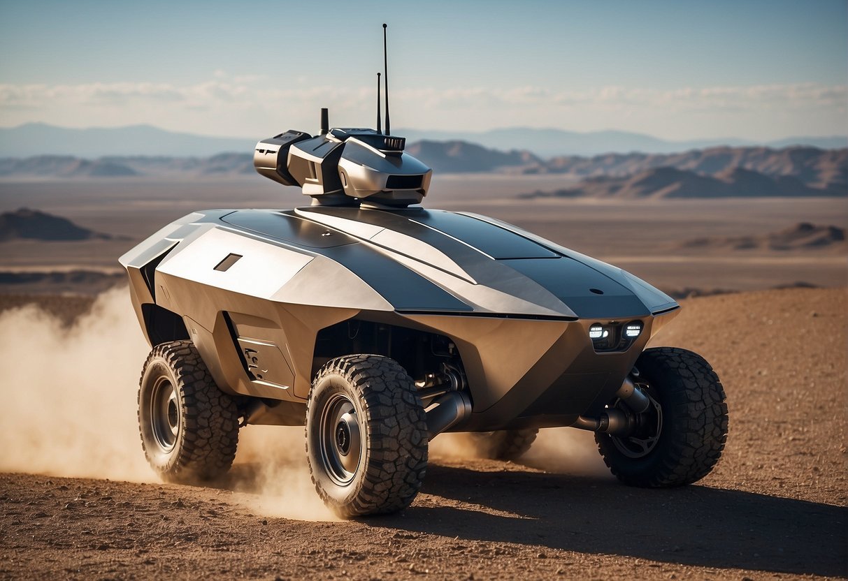 A sleek, futuristic drone tank hovers above a barren landscape, its metallic exterior gleaming in the sunlight. Multiple cameras and sensors are visible, and the tank appears ready for surveillance or combat