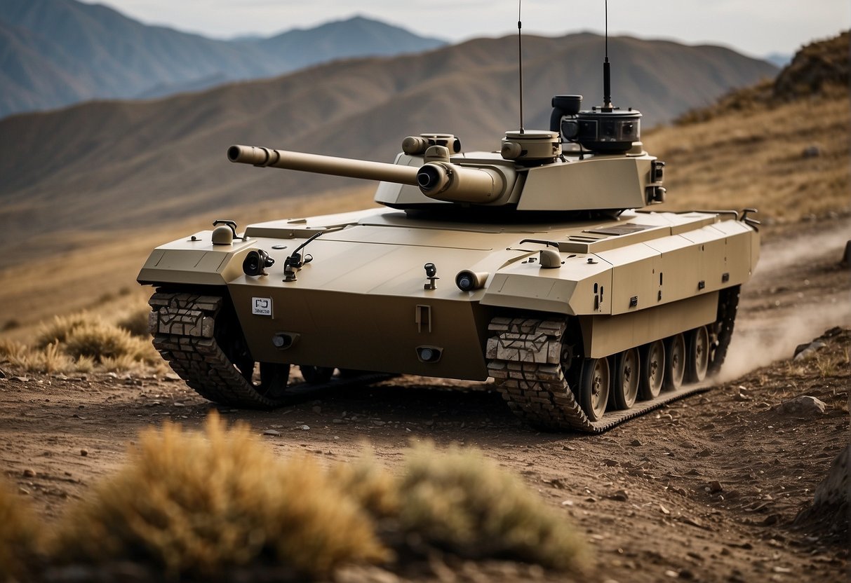 A sleek drone tank hovers above a rugged terrain, its turret poised and ready for action