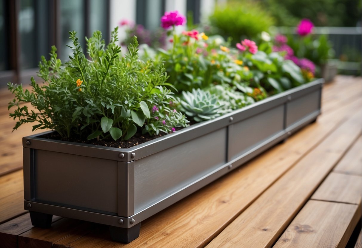 A metal planter box sits on a wooden deck, filled with vibrant green plants and flowers. The box has clean, straight lines and a sleek, modern design