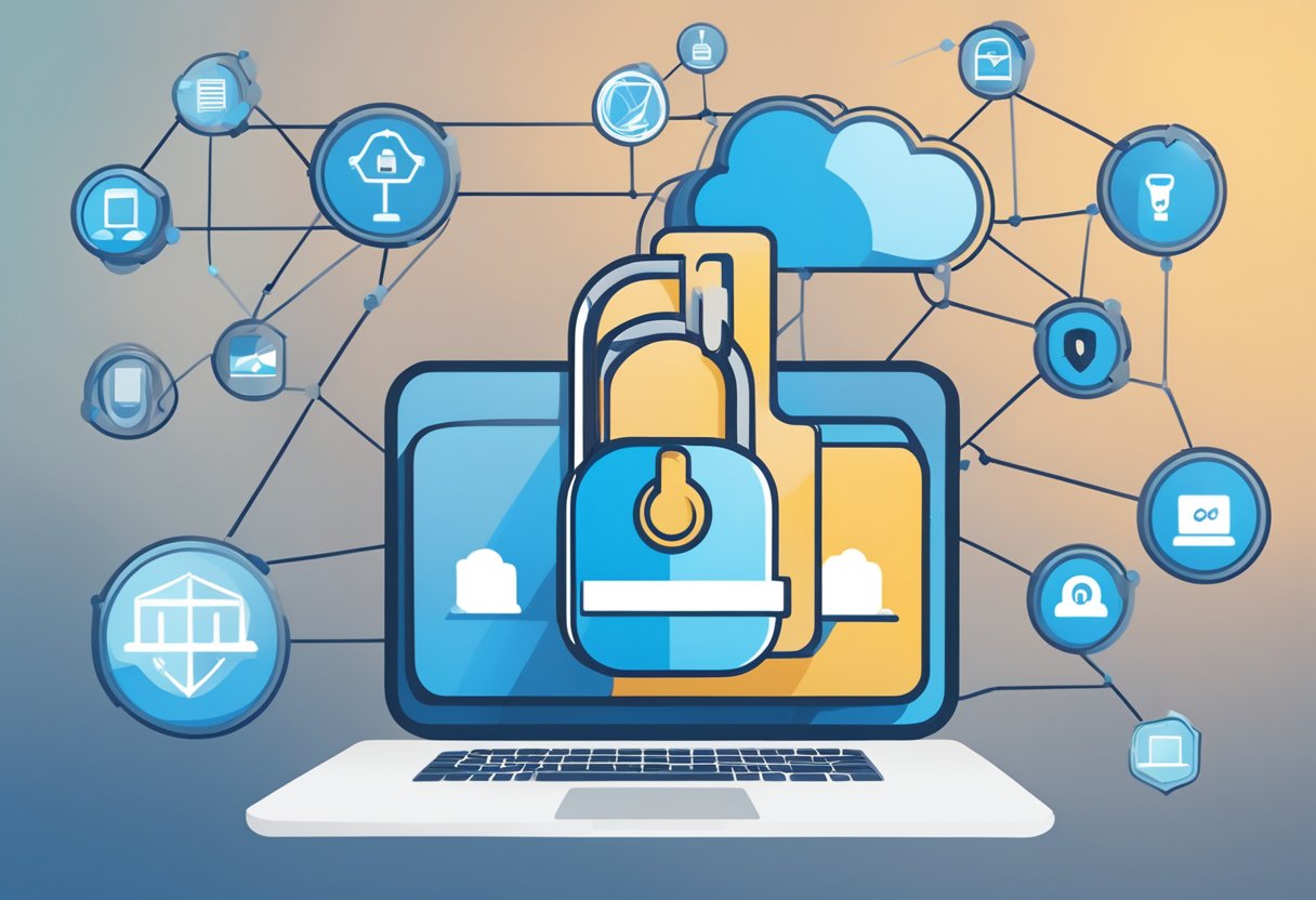 A secure lock icon hovering over a network of interconnected devices, with a shield symbolizing trustworthiness. The AllSolutionsNetwork.com website displayed on a computer screen with a blog post about how it works