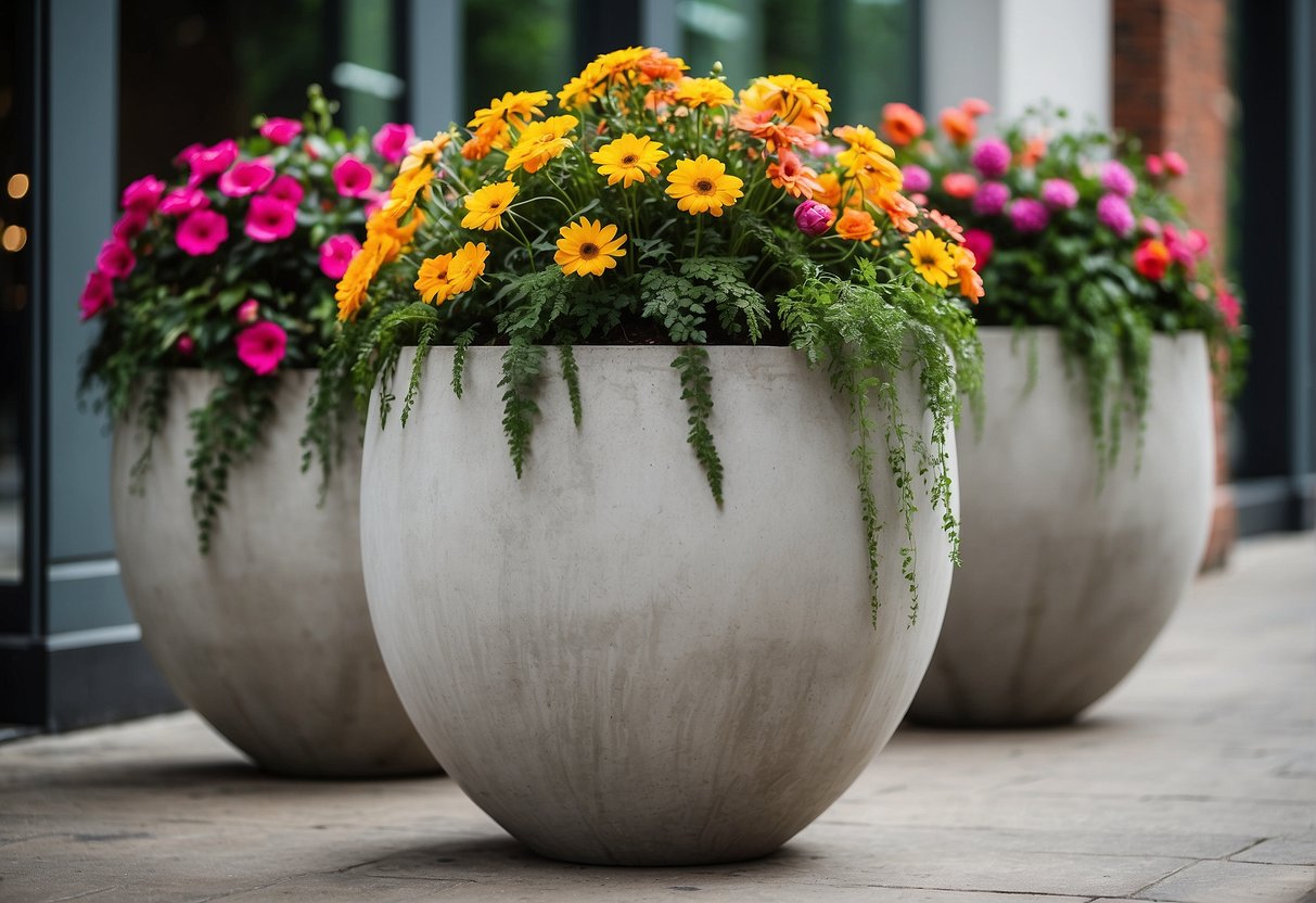 Three extra large concrete planters sit outside, each filled with vibrant flowers and greenery