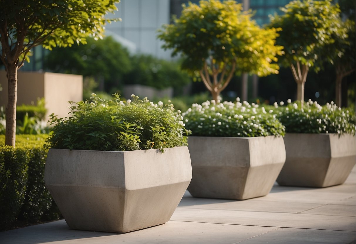 Several extra large concrete planters placed strategically in a landscaped outdoor area, surrounded by lush greenery and flowers