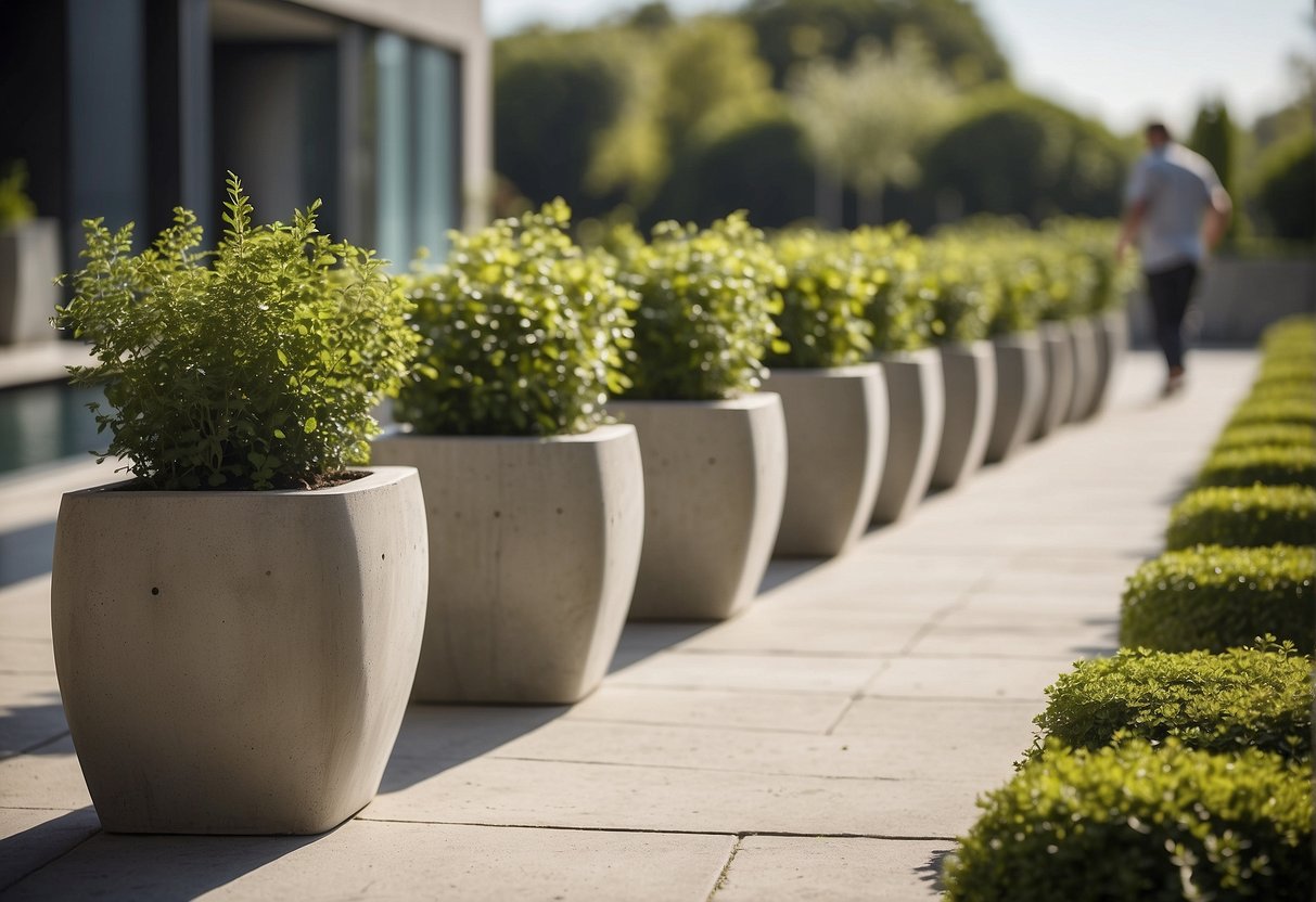 Concrete planters arranged in a row, surrounded by outdoor greenery and sunlight. A person follows a step-by-step guide, assembling the extra large planters in a spacious outdoor area