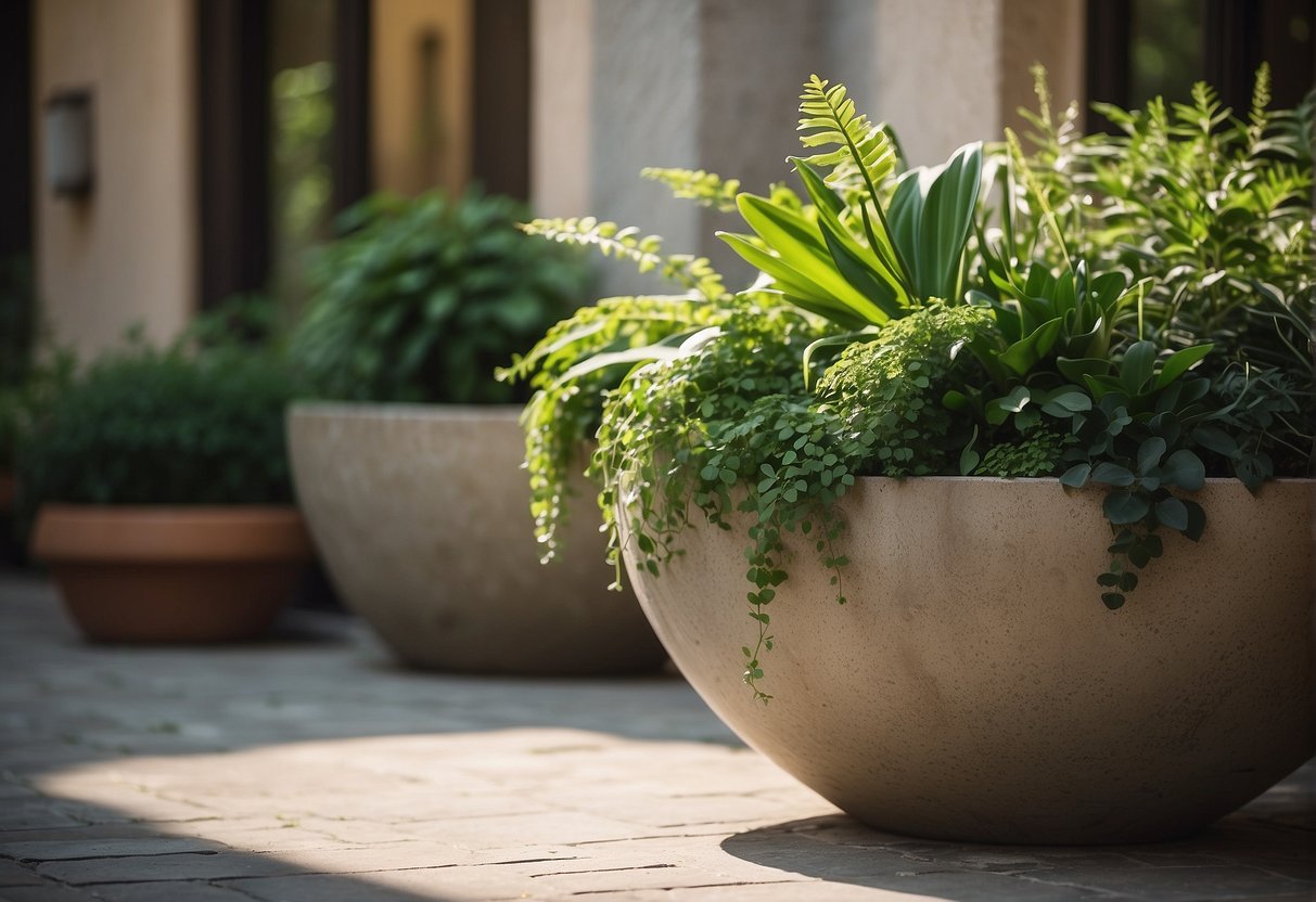 A large concrete bowl planter sits on a stone patio, filled with vibrant green plants and trailing vines