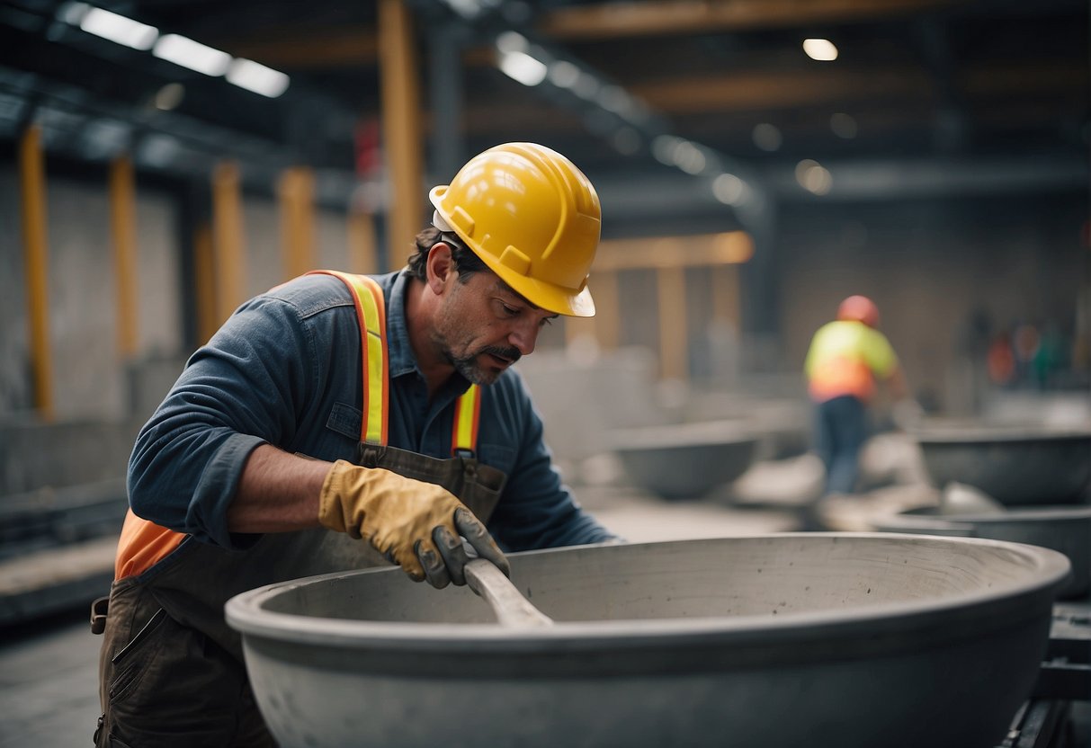 A construction worker pours concrete into a large bowl mold