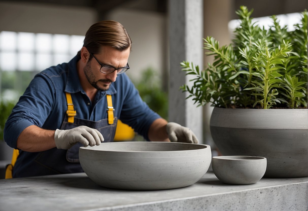A worker applies a smooth, gray finish to a large concrete bowl planter