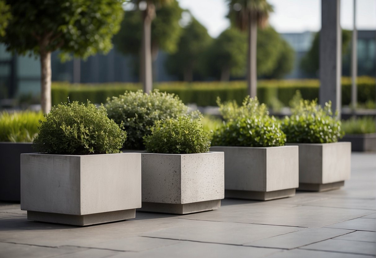 Rectangular concrete planters arranged in a geometric pattern, varying in size and height. They are positioned in a modern outdoor setting, with clean lines and minimalistic design