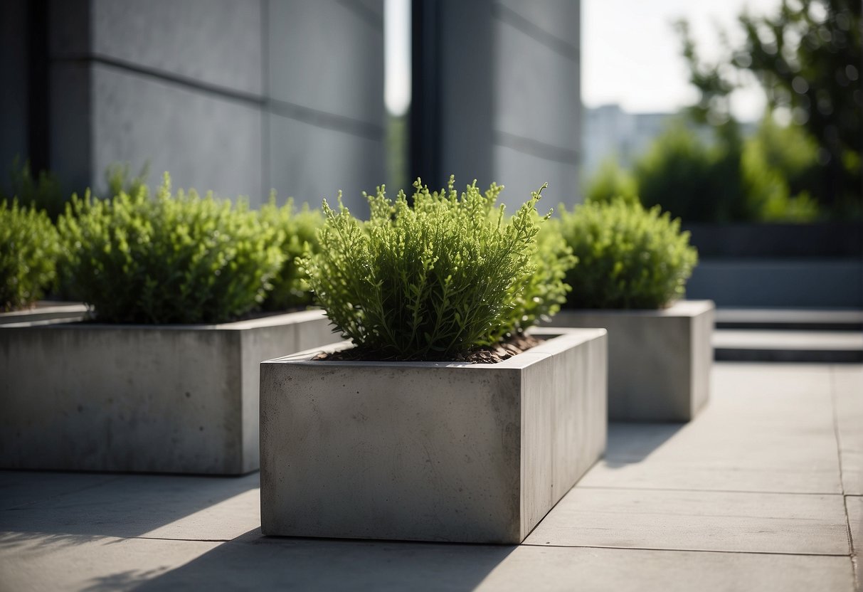 Rectangular concrete planters arranged in a modern, minimalist style. Clean lines and simple shapes