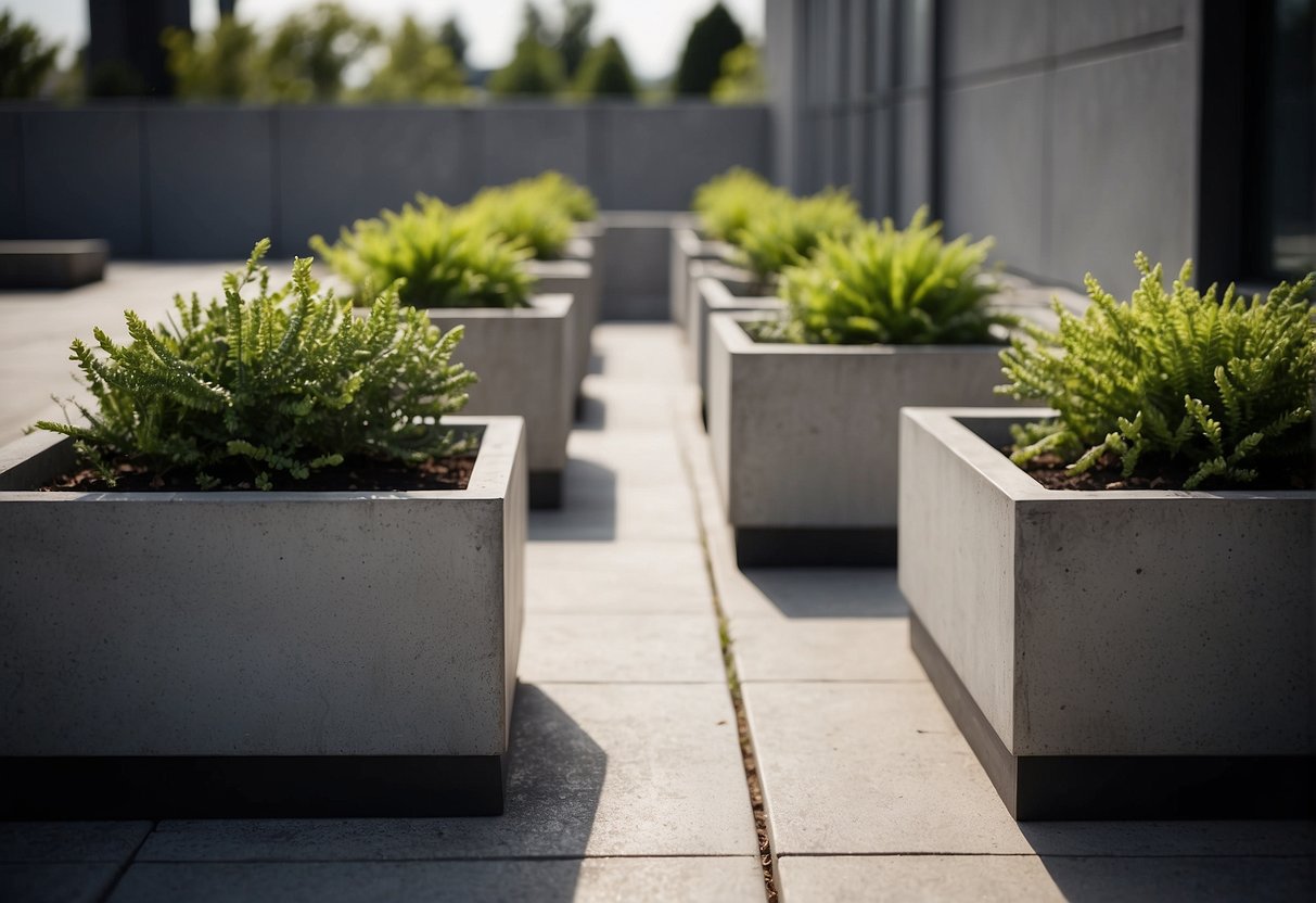 Several rectangular concrete planters arranged in a geometric pattern