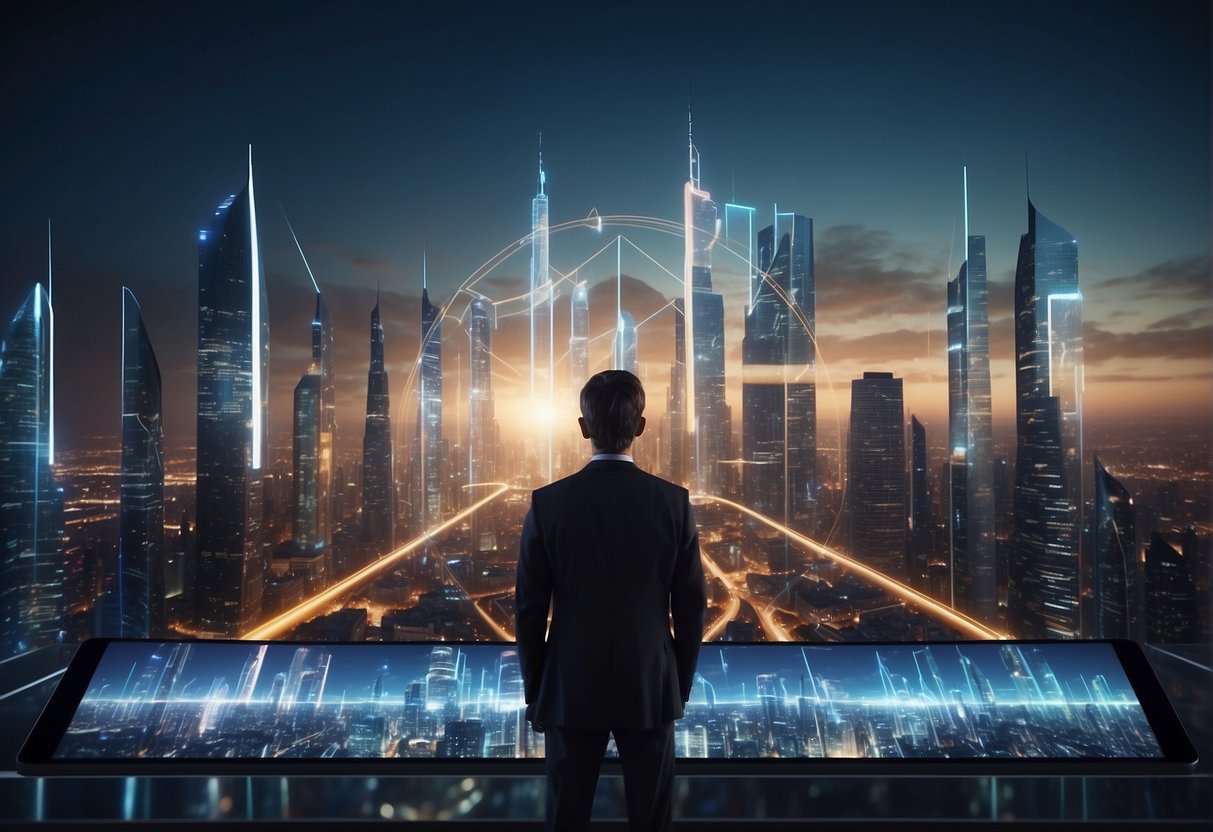 A futuristic city skyline with digital screens and holographic projections, showcasing the impact of technology and digital transformation on businesses and people