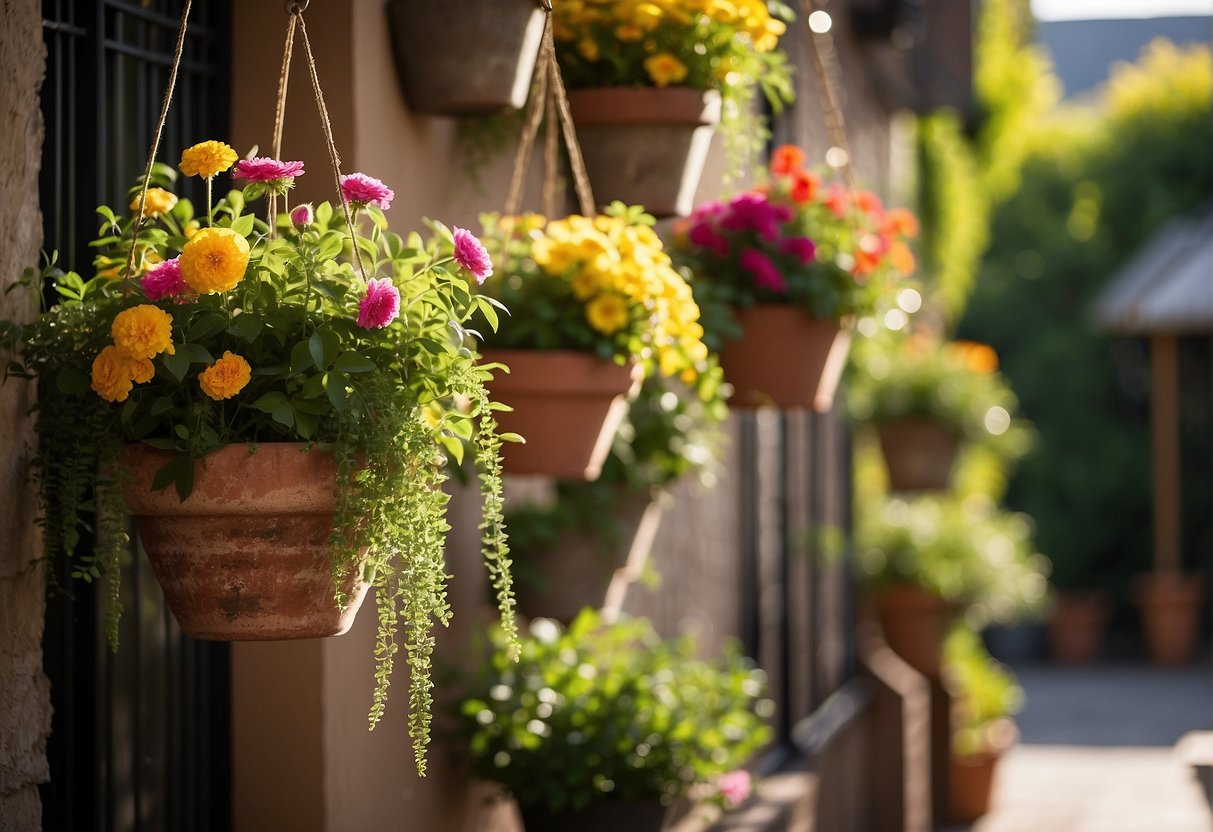 Vibrant wall planters hang in a sunlit courtyard, cascading with lush greenery and colorful blooms, creating a serene and inviting atmosphere