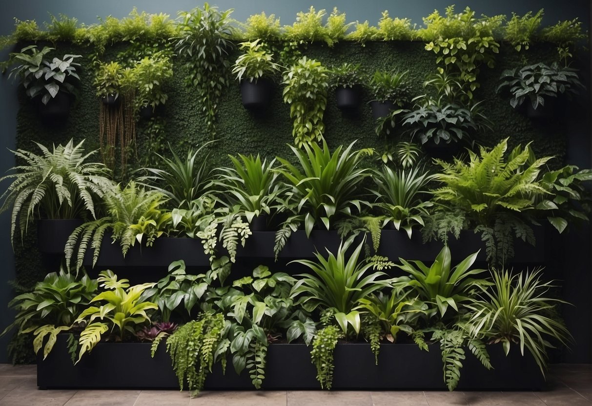 Lush greenery spills from wall planters, featuring a variety of plant selections in different sizes and textures