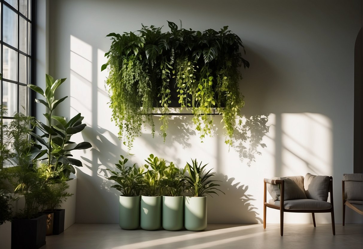 Lush green plants spill over the edges of sleek wall planters, bathed in soft sunlight streaming through a nearby window. The planters are mounted on a clean, white wall, adding a touch of natural beauty to the space