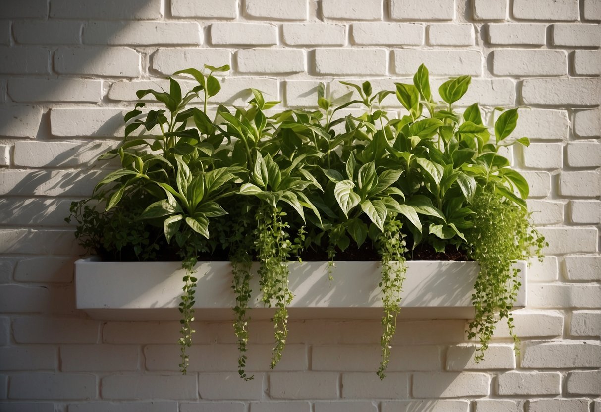 A wall mounted planter hangs on a white brick wall, filled with vibrant green plants cascading down the sides. The sunlight filters through the leaves, casting shadows on the wall