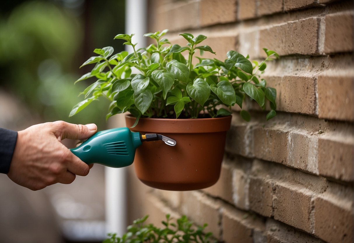 A hand reaches up, watering a wall-mounted planter with lush greenery, while a small tool kit sits nearby for maintenance and care