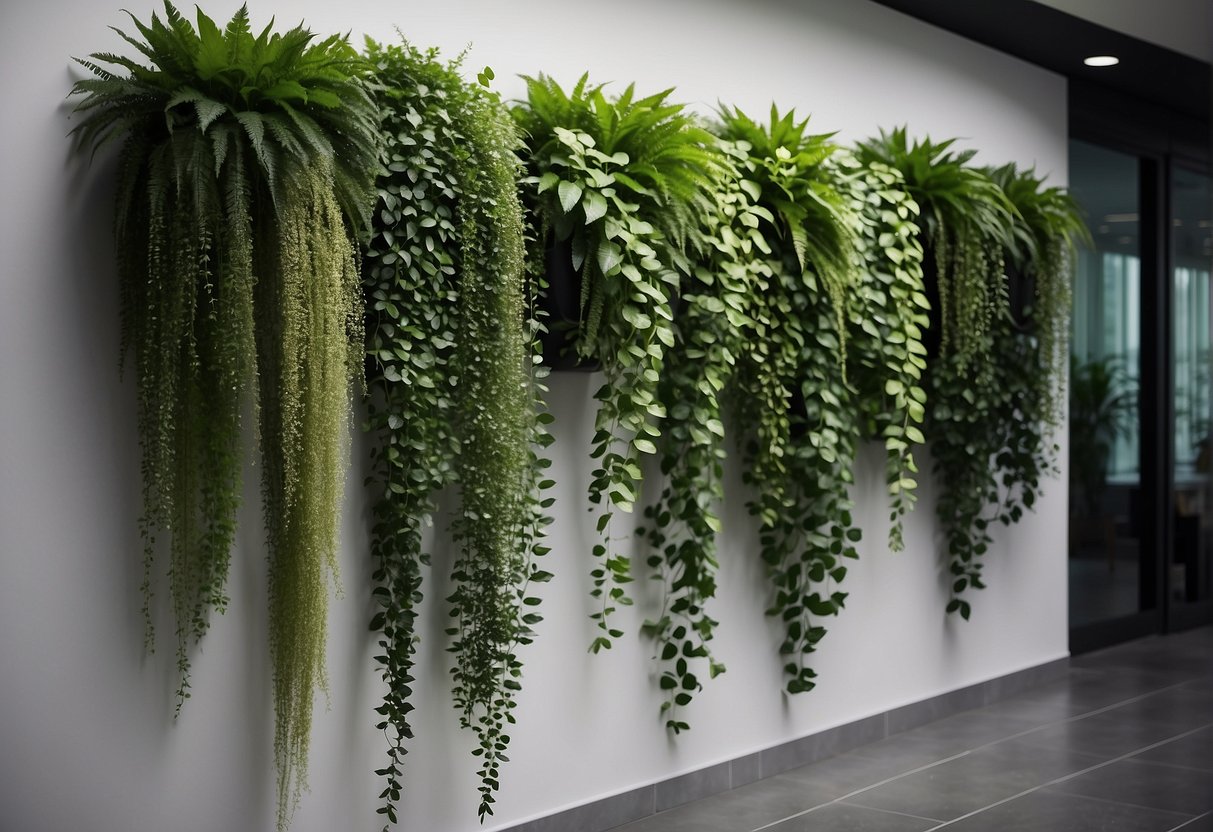 Lush green plants cascade from sleek, modern wall-mounted planters, creating a vibrant and natural display