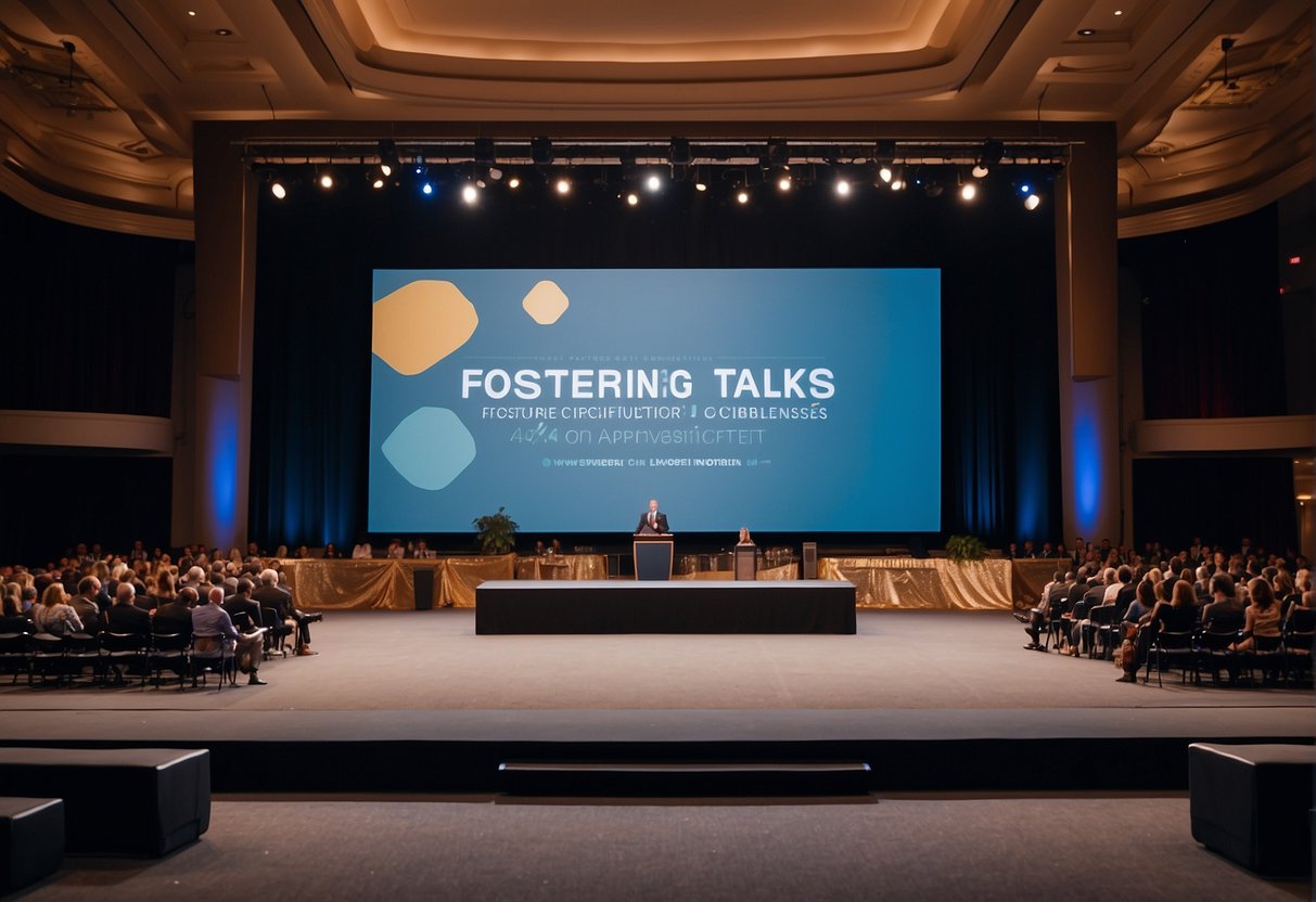 A stage with a podium and audience, displaying the title "Fostering Innovation: Policies, Incentives, and Future. The Power of Innovation Talks: Impacting Businesses and People."