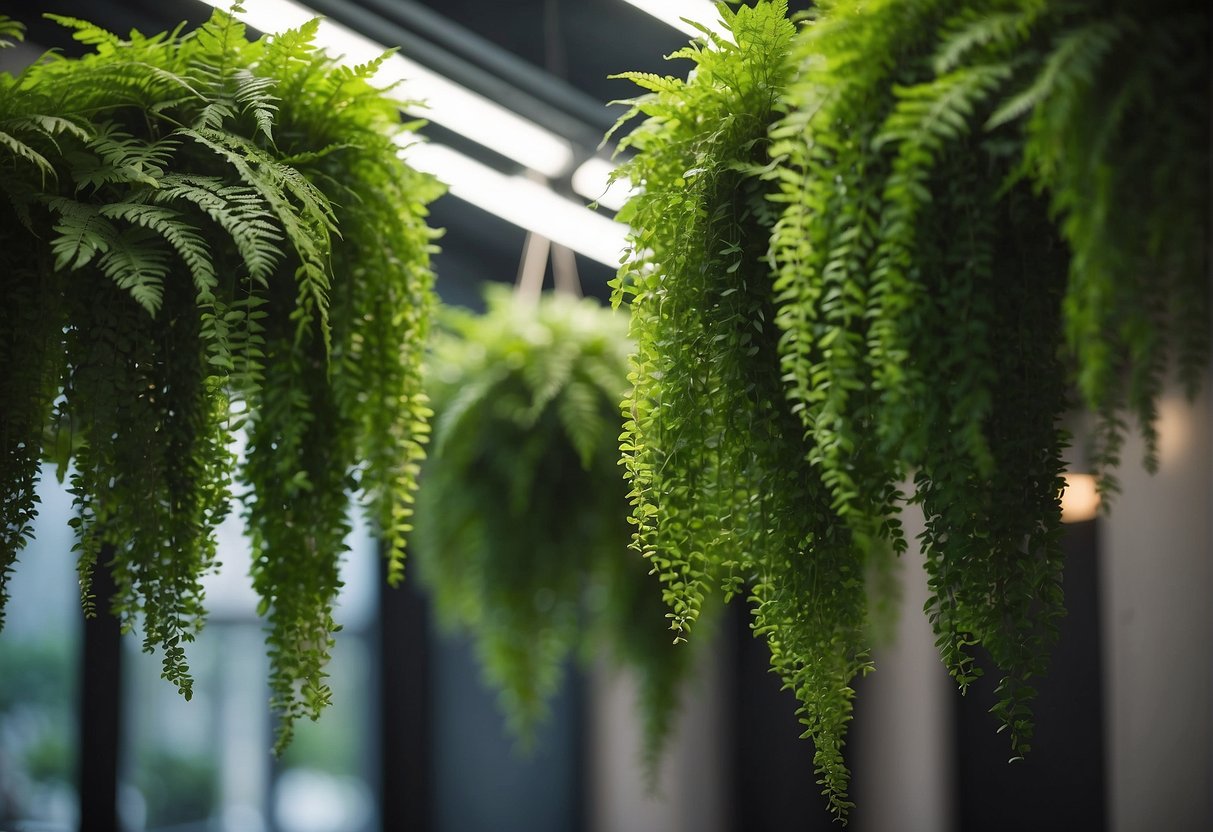 Several indoor plants hang from the ceiling, their green leaves cascading down in various lengths, creating a lush and natural atmosphere