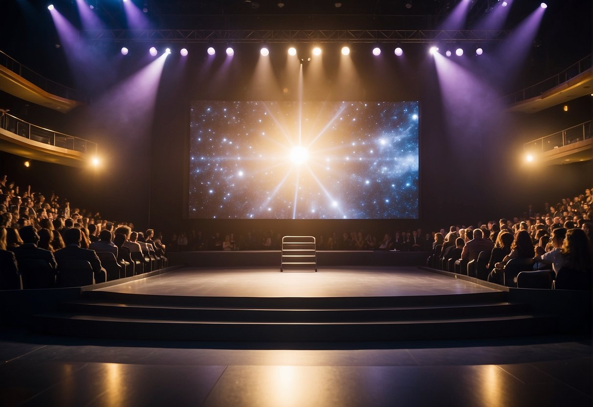 A stage with a podium and large screen, surrounded by an audience. Bright lights illuminate the space, creating a dynamic and engaging atmosphere