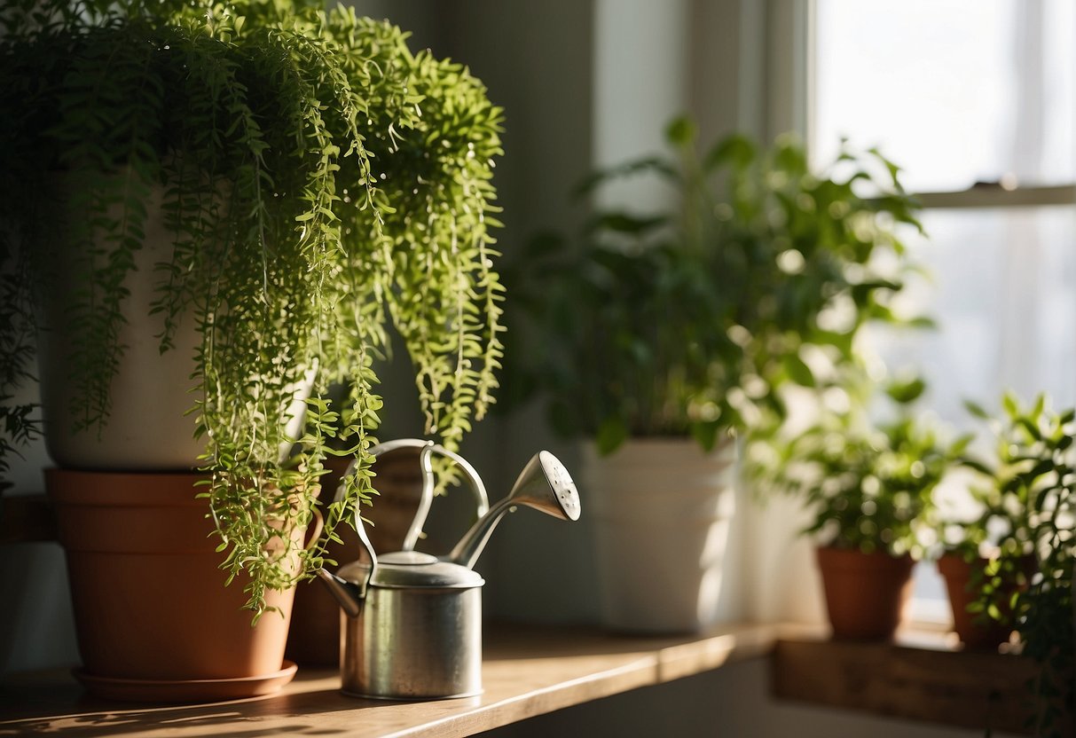 Lush green plants hang from hooks, bathed in sunlight. A watering can sits nearby, and a pair of pruning shears rests on a shelf